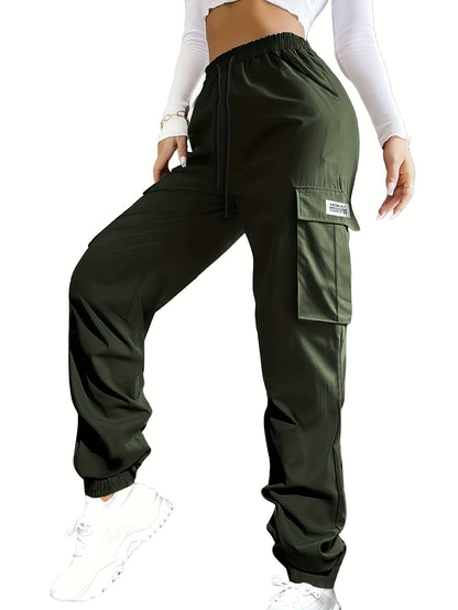 Women's Cargo Pants with Zippered Pockets – Elastic Drawstring Waist Large Pocket Casual Outdoor Trousers Black Grey Green Blue XS-XXL