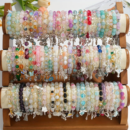 30pcs Glass Bead Bracelets Set for Women Stackable Stretch Bracelets with Butterfly Floral Charms Heart Star Pendants Multicolor - Boho Jewelry Gift Set for Valentine's Day Birthday Anniversary