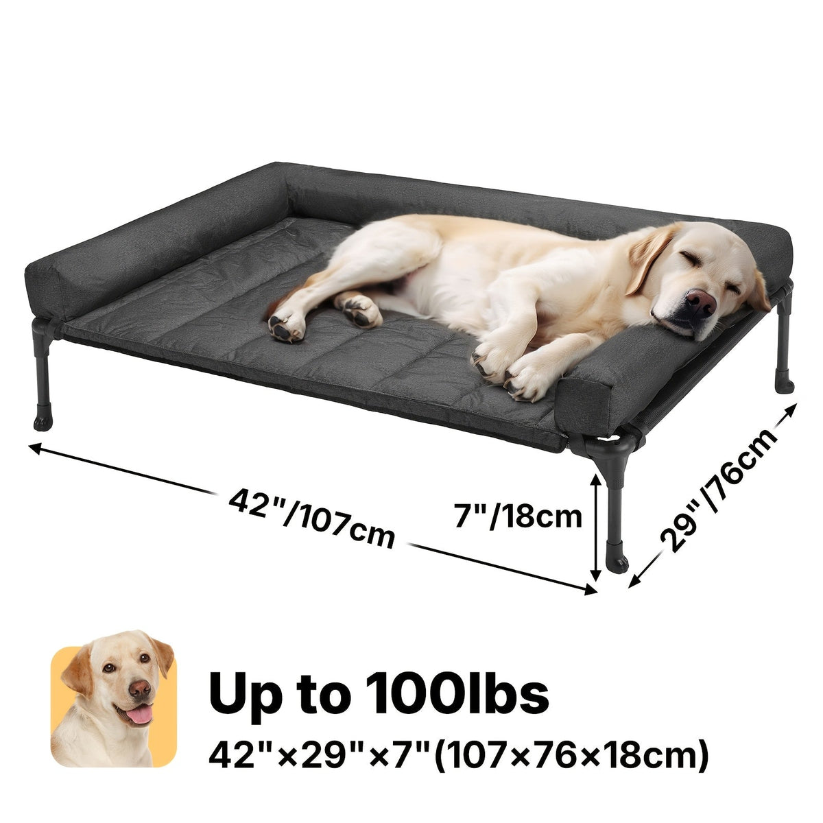 Cooling Elevated Dog Bed with Removable Pillow-Top Mat – Raised Bolster Dog Cot with Breathable Mesh Non-Slip Feet Dog Sofa Bed for Indoor & Outdoor Use