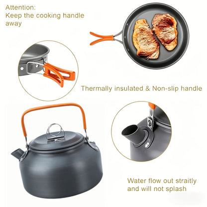 Camping Cookware Mess Kit 8/9/14/15 Piece, Portable Non-Stick Aluminum Alloy Camp Cook Set with Kettle Pot Frying Pan Plates Utensils, Lightweight Backpacking Outdoor Cooking Gear for Hiking & Travel