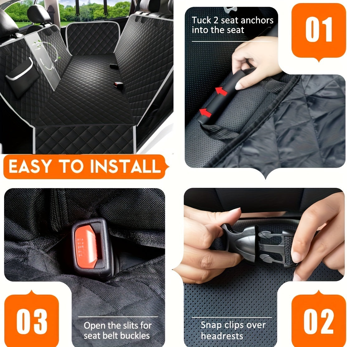 Dog Car Seat Cover Hammock with Mesh Windows & Storage Pockets – Scratchproof Non-Slip Nylon Backseat Protector, Universal Fit for Cars Trucks SUVs, Gray Black Green Leaf Design