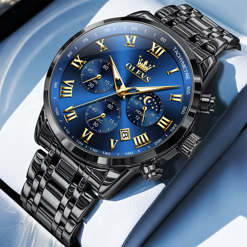 OLEVS Men's Luxury Stainless Steel Watch – Chronograph, Roman Numerals, Moon Phase Display, Luminous Analog Quartz Dress Watch for Men, 8 Color Options, Perfect Business & Gift Watch