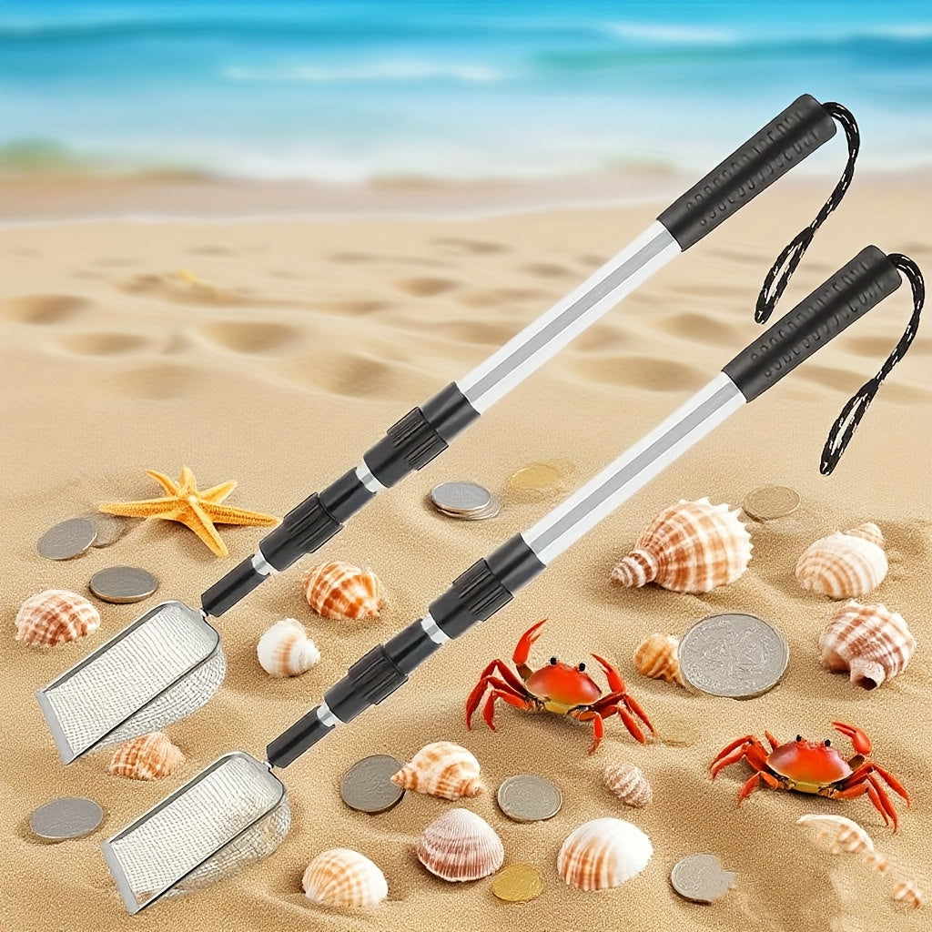 Stainless Steel Retractable Beach Sifter Scoop with Telescoping Handle – No-Bend Shell Collecting, Treasure Hunting & Beach Combing Tool | Also Works as Cat Litter Scoop (1 or 2 Pack)