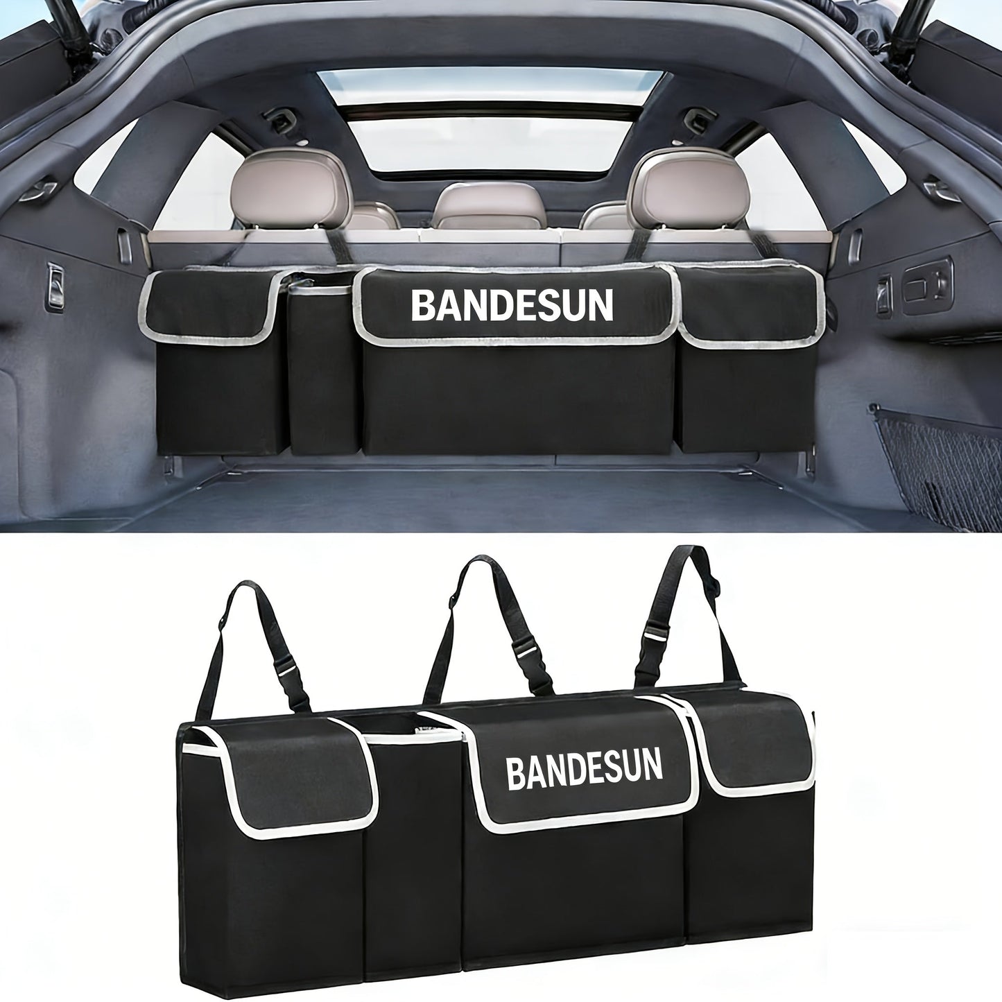 Car Trunk Organizer Rear Seat Hanging Storage Bag with 4 Pockets Foldable Cargo Bag for SUV Truck MPV Van – Black Multi-Pocket Car Interior Storage Organizer for Travel & Daily Use