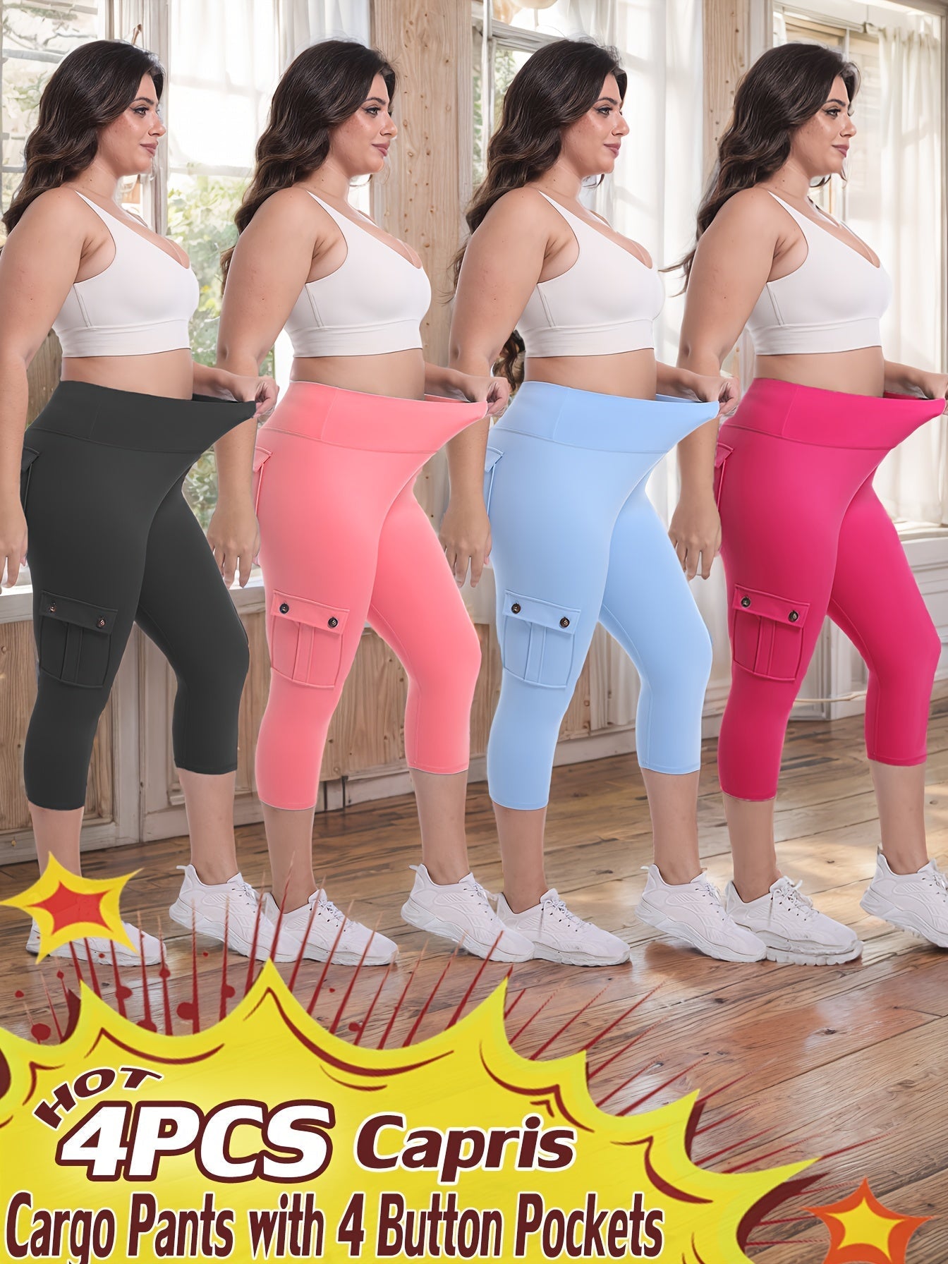 Women's High Waist Yoga Capri Pants 4-Pack 4-Way Stretch Butt Lifting Tummy Control 4 Pockets - Workout Running Sports Leggings S-XXL All Season