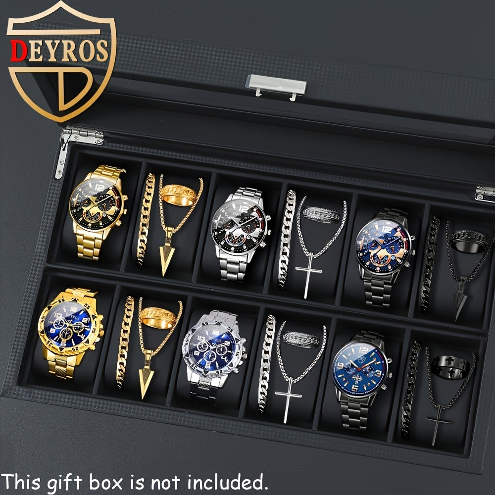 12-Piece Men's Watch & Hip-Hop Jewelry Gift Set – 3 Quartz Analog Watches + 9pc Bracelet, Necklace & Ring Set, Perfect Christmas & Birthday Gift for Men