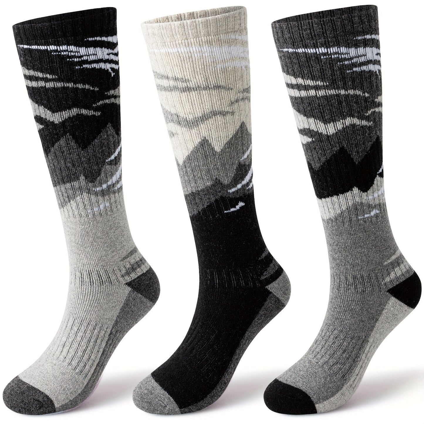 Wool Ski Socks 3 Pairs Thermal Knee High for Men & Women – Thick Warm Winter Socks for Skiing, Snowboarding & Outdoor Sports, 70% Wool, Sizes M & L, Multicolor / Dark / Snow Mountain