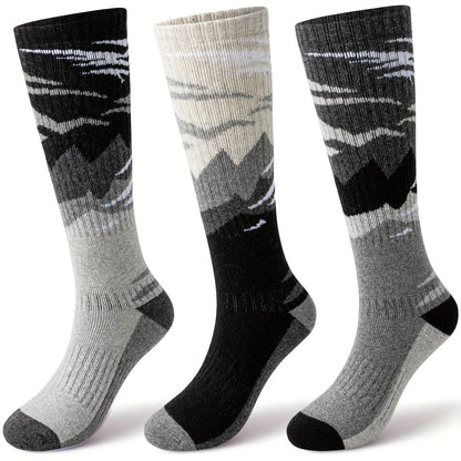 Wool Ski Socks 3 Pairs Thermal Knee High for Men & Women – Thick Warm Winter Socks for Skiing, Snowboarding & Outdoor Sports, 70% Wool, Sizes M & L, Multicolor / Dark / Snow Mountain