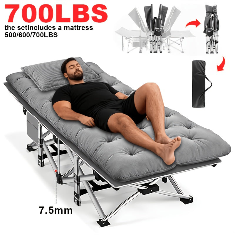 Heavy Duty Folding Camping Cot up to 700LBS – Extra Large 59"/75" Thickened Folding Bed with Mattress, Ergonomic Sturdy Frame, Portable Guest Bed & Patio Sofa for Camping, Hiking & Home Use – Black & Gray