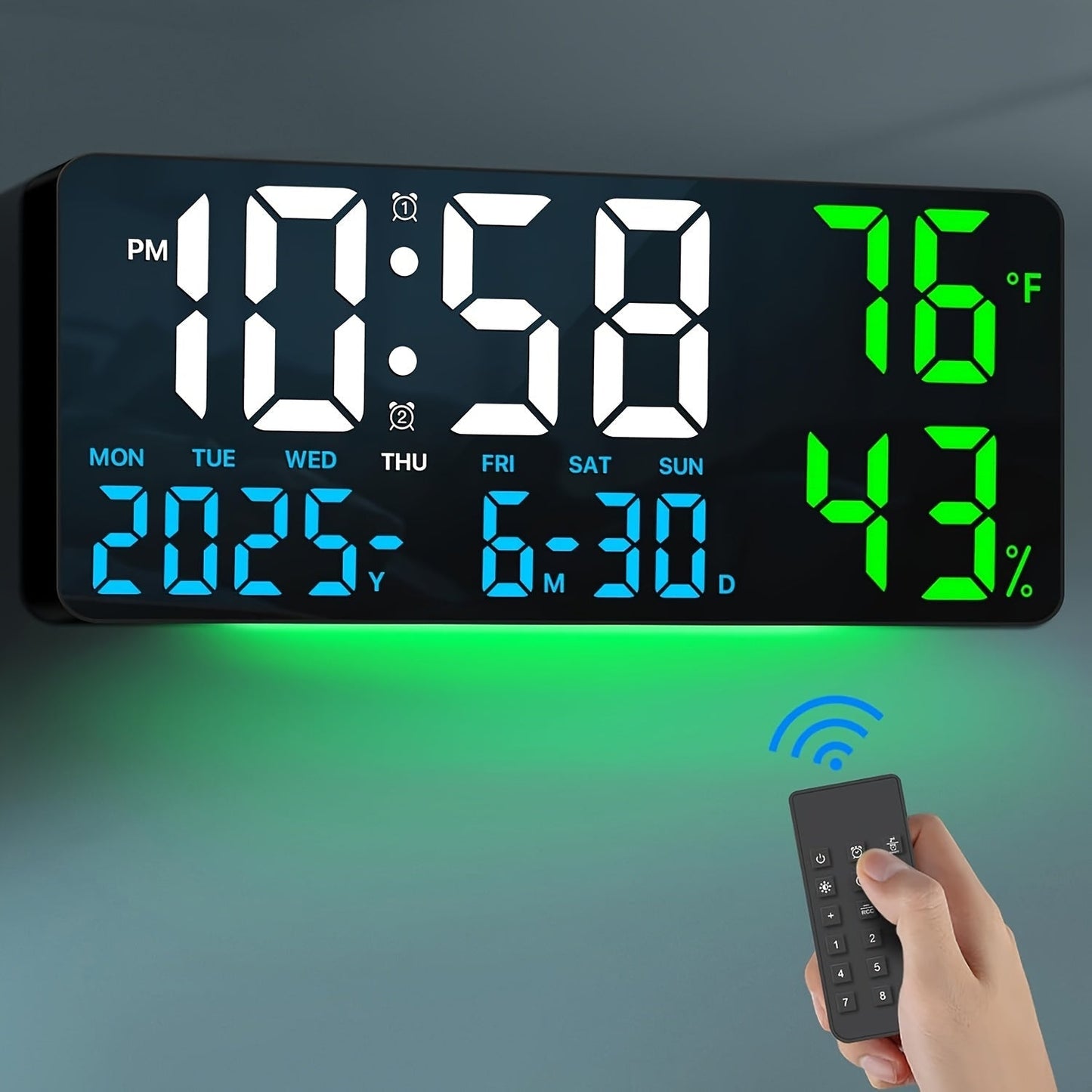 Large Screen LED Alarm Clock 15 Inch Auto-Dimming with Remote Control | Digital Clock Time Date Week Temperature Humidity Timer | Bedroom Bedside Senior-Friendly Living Room Office Desk