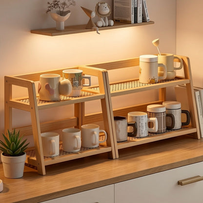 2-Tier Wooden Countertop Shelf Organizer Vintage Trapezoidal Design, Bamboo Desktop Storage Rack for Kitchen Office Bedroom, Space-Saving Counter Shelf for Coffee Cups Books Decor – 1 or 2 Pack, Large & Medium