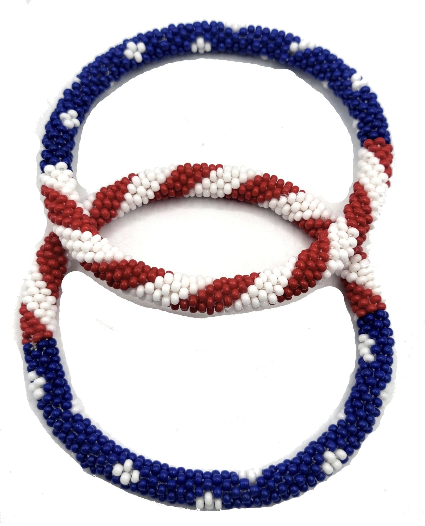 Set of 2 Handmade USA Flag Patriotic Glass Bead Bracelets – Boho Roll-On Crochet Bangles for Men & Women, Nepal Artisan Jewelry, Red White Blue Beaded Bracelet Set, 4th of July Gift