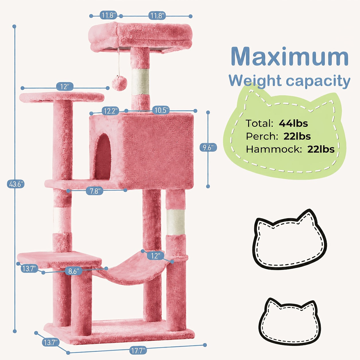 44-Inch Cat Tree Tower with Condo & Hammock – Natural Sisal Scratching Posts, Multi-Level Perches & Pet House for Indoor Cats, Available in Beige, Gray, Pink & Black/Red