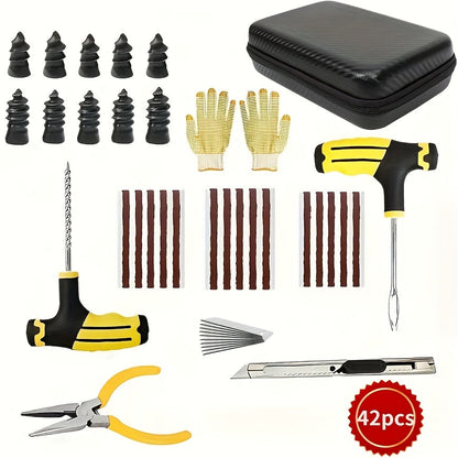 42pcs Tire Repair Kit | Complete Car Emergency Flat Tire Patch Kit with Full-Size Patches, Easy Self-Repair for Punctured & Leaky Tires – Roadside Emergency Kit for All Vehicles