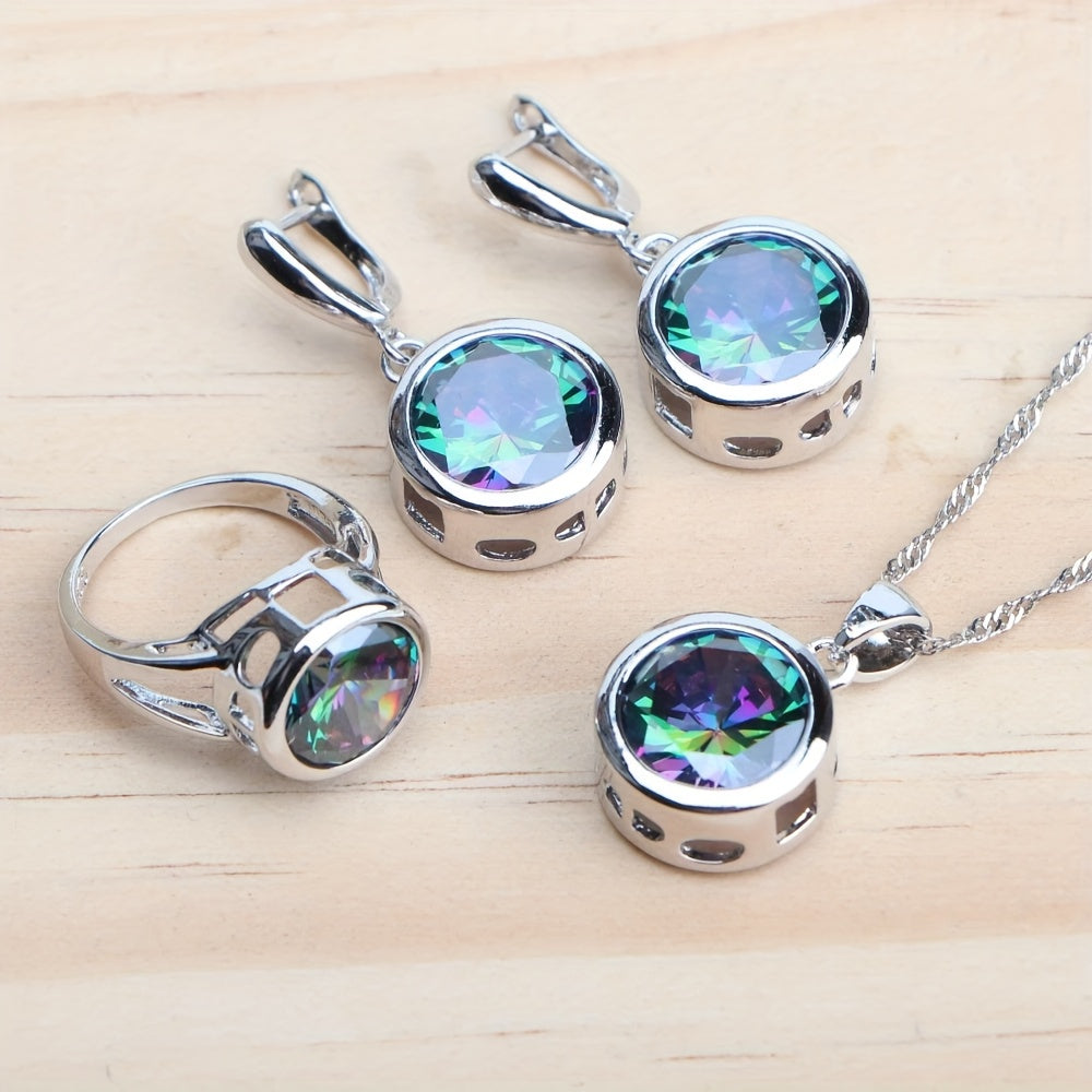 5Pcs Vintage Rainbow Cubic Zirconia Jewelry Set for Women – Silver Plated Ring, Earrings, Pendant & Necklace, Dazzling CZ Bridal Jewelry Gift for Weddings, Anniversaries, Birthdays & Engagements