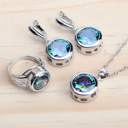 5Pcs Vintage Rainbow Cubic Zirconia Jewelry Set for Women – Silver Plated Ring, Earrings, Pendant & Necklace, Dazzling CZ Bridal Jewelry Gift for Weddings, Anniversaries, Birthdays & Engagements