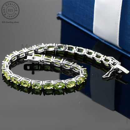 Green Peridot Tennis Bracelet for Women – 925 Sterling Silver with Sparkling Zirconia Accents, Elegant Gemstone Wrist Jewelry for Daily Wear, Birthday Mother's Day Valentine's Day Anniversary Gift for Her
