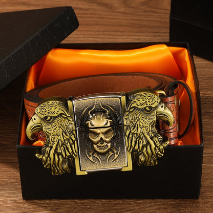 Retro Western Cowboy Belt with Detachable Lighter – Embossed Printed Novelty Accessory Belt in Skull, Eagle, Cross & Native American Designs, Unique Gift for Men for Christmas, Thanksgiving & Valentine's Day