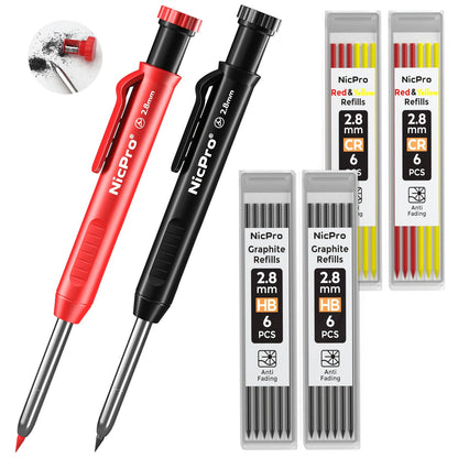 Carpenter Pencil Set with Sharpener & Refills, Heavy Duty Mechanical Woodworking Pencils for Construction, Drafting & Marking, Flat Pencils with Portable Case – 2, 3, 4 or 6 Piece Sets Available