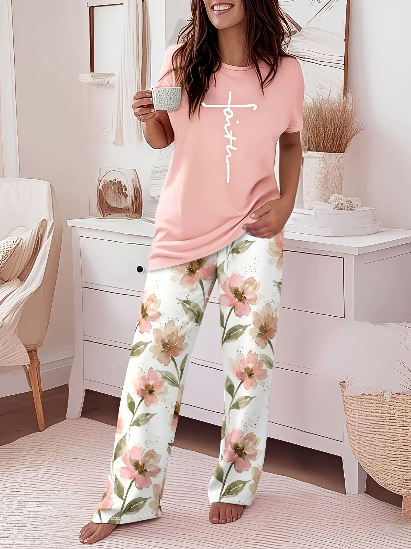 Women's Two-Piece Printed Top & Wide-Leg Pants Set – Cross Print Short Sleeve Top with Gradient Palazzo Pants, Loose Casual Summer Outfit, 9 Colors, Sizes S-XXL