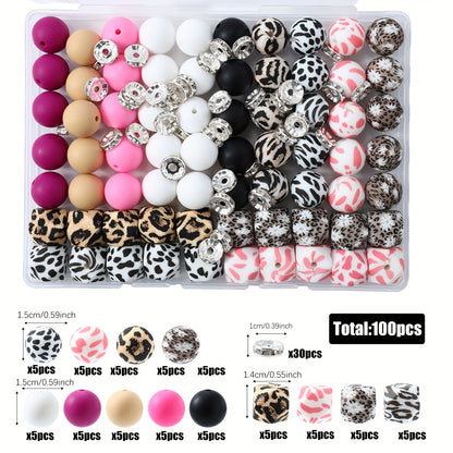 100pcs Silicone Beads Set with Storage Box Hexagonal Striped Printed Pattern Beads for DIY Jewelry Making Bead Pens Keychain Pendant Craft Supplies Girls Kids Teens Adults