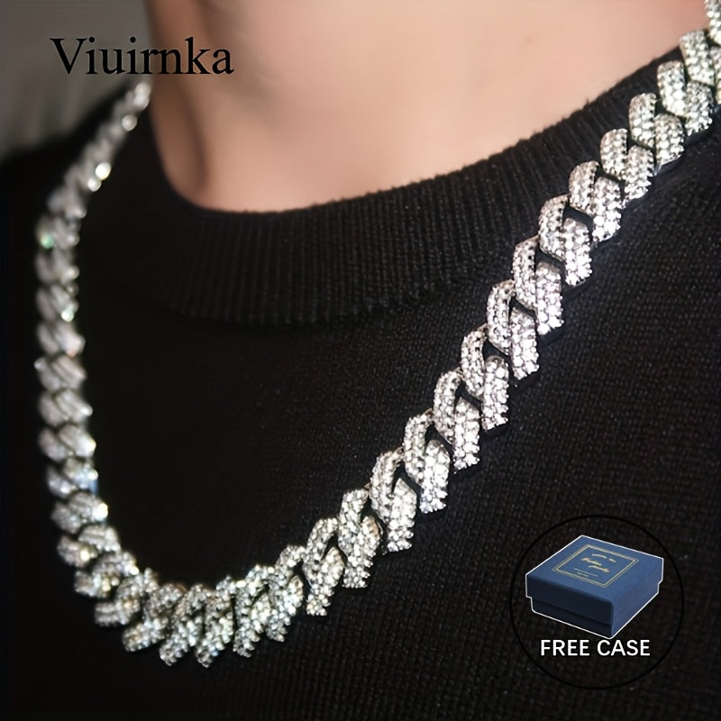 Men's Cuban Link Chain Necklace Hip Hop Style with Synthetic Gem Inlay – Silver & Gold Tone, 45cm / 50cm, Gift Box Included, Bold Statement Jewelry for Any Occasion