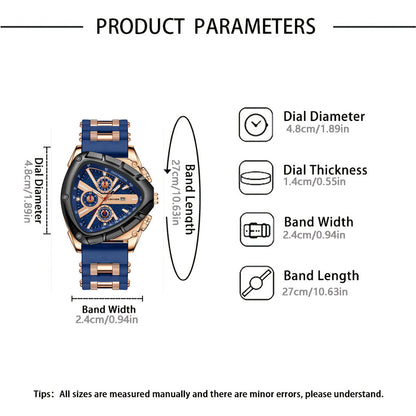 Men's Luxury Quartz Watch Triangular Dial Silicone Band Date Display Chronograph Business Casual Wristwatch 5 Colors