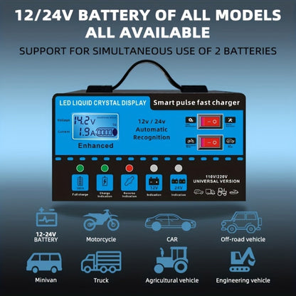 12V 24V Smart Battery Charger with LCD Display – Intelligent Trickle Charging, Overcharge & Short Circuit Protection, Universal Fit for Car, Truck, Motorcycle, Yacht & RV Batteries, Automatic Battery Maintainer & Conditioner