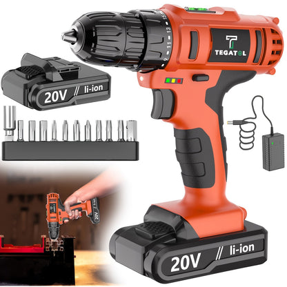 20V Cordless Drill Set with Battery & Fast Charger – Impact Power Drill, 45Nm Torque, 3/8" Keyless Chuck, 18+3 Clutch, 2-Speed, LED Work Light for Home & DIY