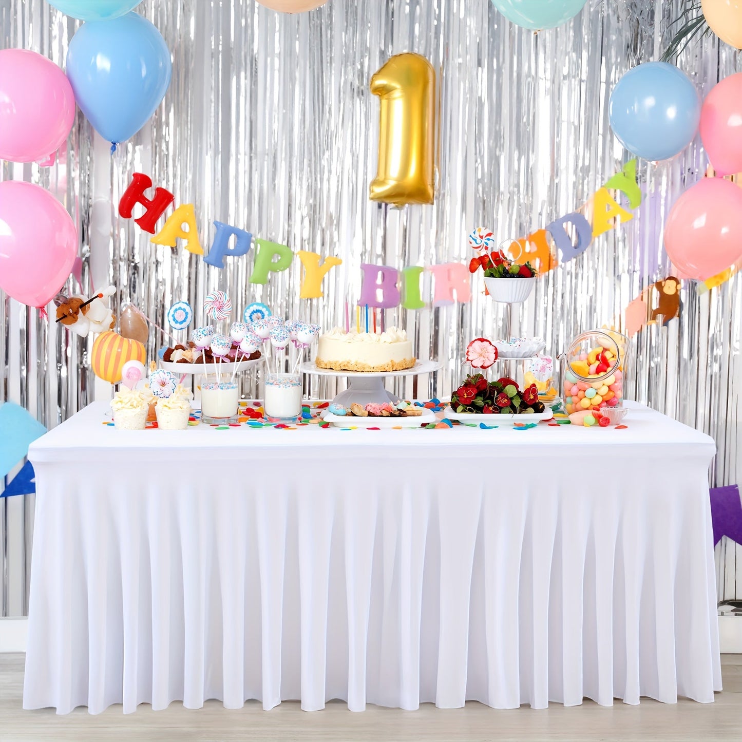 Elastic Spandex Table Cover with Jellyfish Skirt Thickened Non-Transparent High Stretch Polyester Tablecloth for 4ft 6ft Tables Party Birthday Wedding Banquet Hotel Conference Trade Show