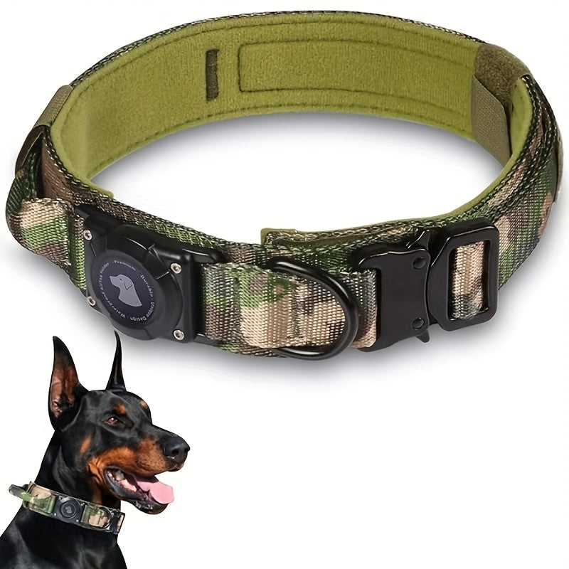 Tactical Dog Collar with AirTag Holder & Handle – Heavy Duty PC Nylon, Adjustable M/L/XL for Medium Large Dogs, Military Style Training Collar with Control Handle