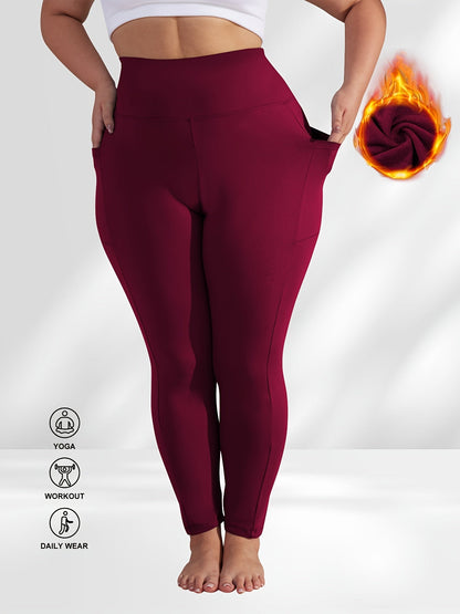 Women's Plus Size Yoga Pants with Pockets – High-Waist Fleece-Lined Warm Leggings for Fall & Winter, Tight-Fitting Elastic Sports Base Layer Pants, Sizes 1XL-5XL in Black, Gray, Burgundy & Navy