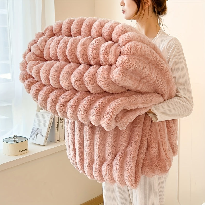 Fleece Throw Blanket Ultra-Soft 3D Faux Rabbit Fur Double-Sided – All-Season Cozy Blanket for Bed Sofa Travel Camping | 7 Colors 4 Sizes White Dark Gray Pink Khaki Purple Grey