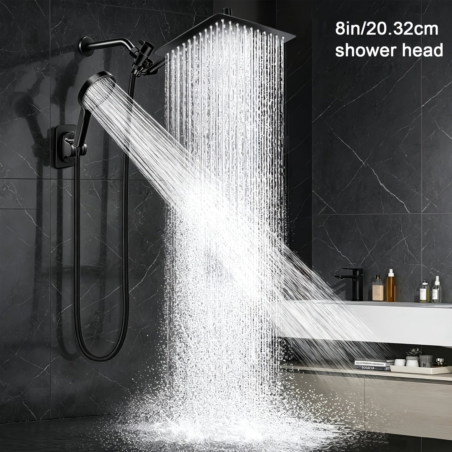 High Pressure Rainfall Handheld Shower Head Combo 11-Inch Extension Arm 9 Settings Anti-Leak Height Adjustable Chrome Matte Black