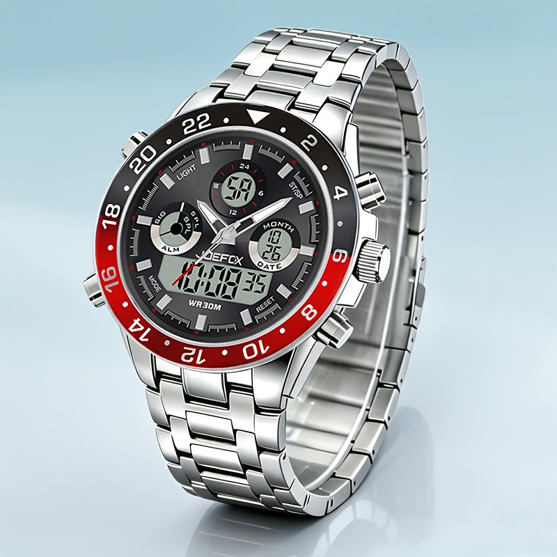 Men's Vintage Business Chronograph Watch with Steel Band – Dual Movement Waterproof Wristwatch with Band Adjustment Tool Father's Day Birthday Gift for Men