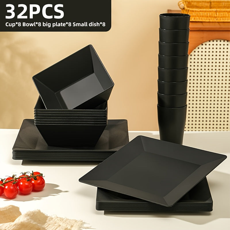 Black Wheat Straw Tableware Set – 16/32 Piece Unbreakable Eco-Friendly Plates Dessert Plates Bowls & Cups for 4-8 People, Outdoor Camping Party Wedding Halloween Kitchen Accessories