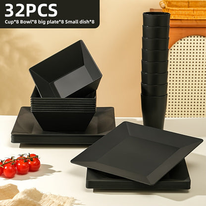 Black Wheat Straw Tableware Set – 16/32 Piece Unbreakable Eco-Friendly Plates Dessert Plates Bowls & Cups for 4-8 People, Outdoor Camping Party Wedding Halloween Kitchen Accessories