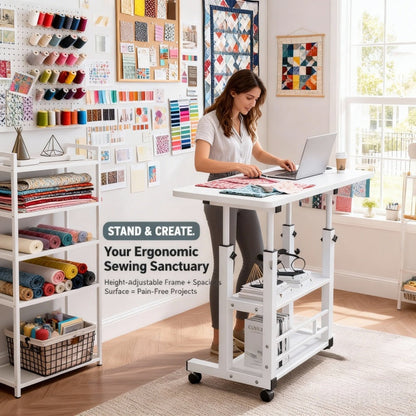 Mobile Craft Table with Adjustable Height & 4 Silent 360° Wheels - Rolling Storage Organizer with Double Shelves for Sewing, Knitting & Crafts, Bedroom & Living Room Use, Available in Black & White