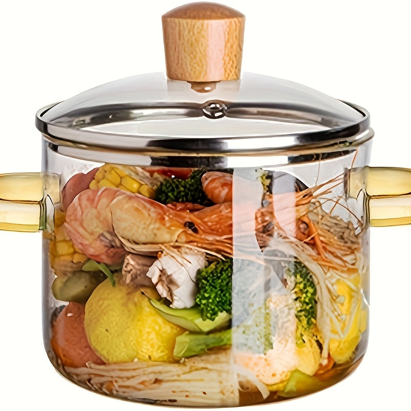 54oz Borosilicate Glass Soup Pot with Handle Heat Resistant 752°F | Stovetop Oven Safe Transparent Glass Cooker | Soup Congee Ramen Milk Pot | Easy Clean Odorless Non-Toxic | Green Yellow Handle