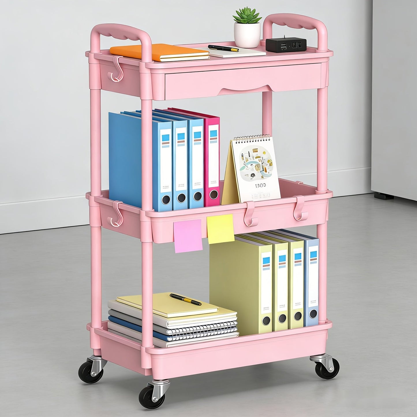 Rolling Storage Cart 3-Tier & 4-Tier with Drawer & Lockable Wheels Multifunctional Plastic Shelf Organizer for Kitchen Bathroom Living Room Office – 7 Colors