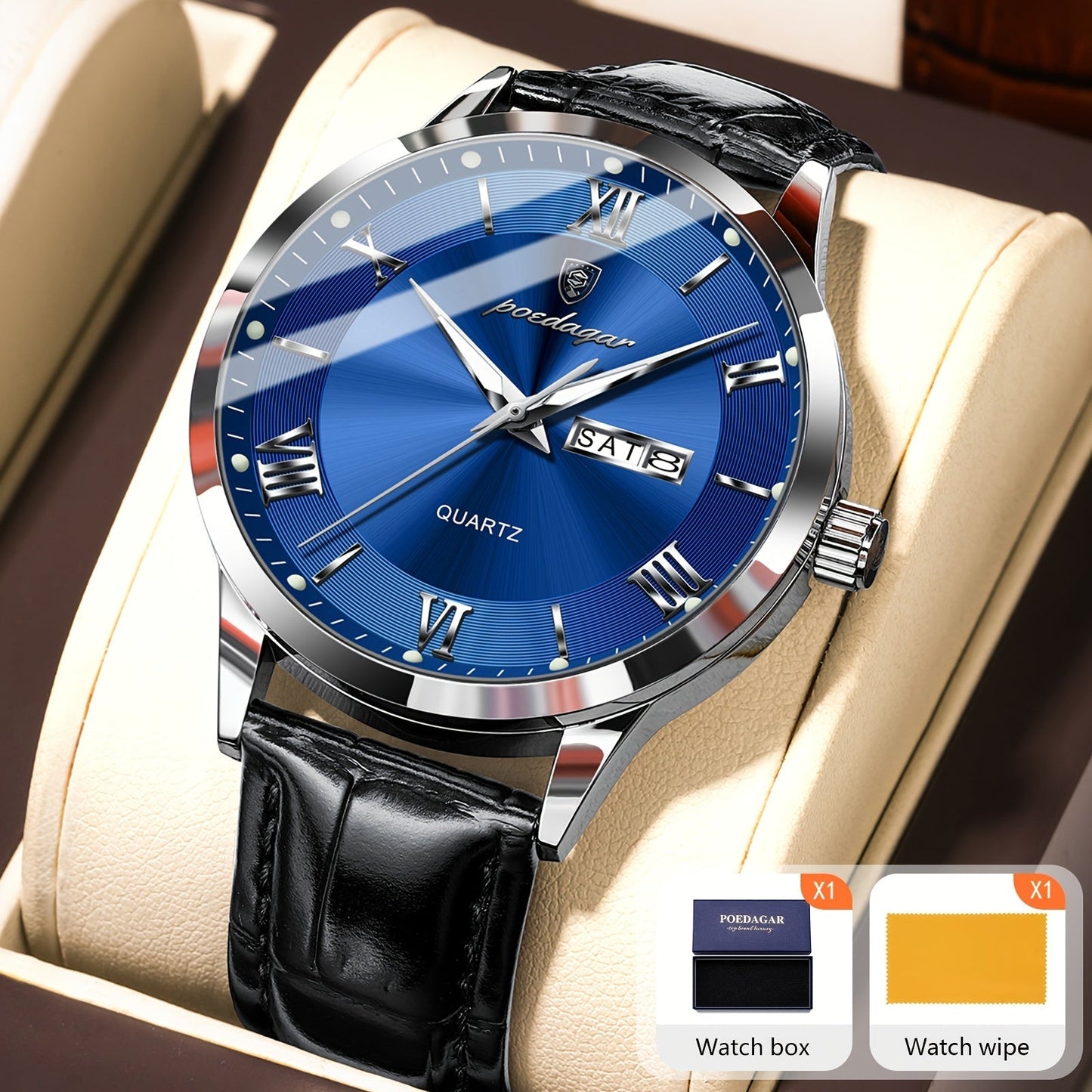 POEDAGAR Men's Quartz Watch Waterproof Luminous Dial Calendar Week Display – Casual Sports Analog Wristwatch Alloy Case 11 Colors Silver Gold Black Blue Gift for Men