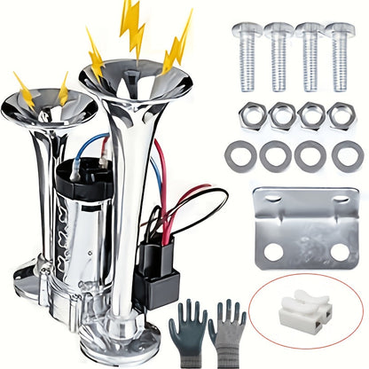 120dB Dual Air Horn Kit 12V with Air Compressor – Super Loud Truck Train Horn for SUV, Motorcycle, Pickup Truck, Car & Boat – Universal Electric Dual Tone Horn – Velora