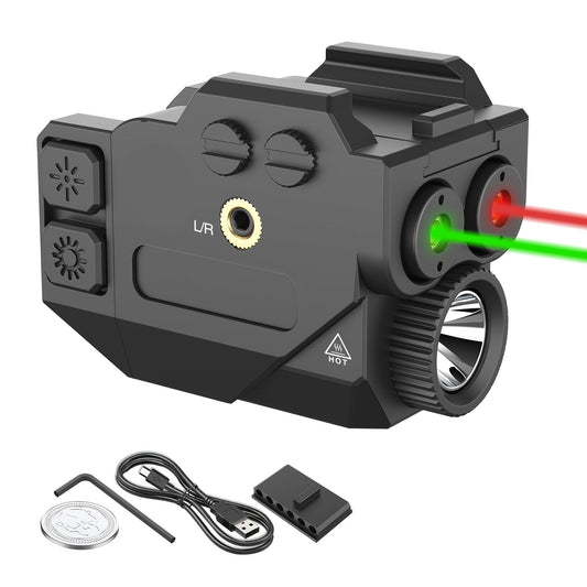 Tactical Flashlight with Dual Laser Sight – 450 Lumens Rechargeable Pistol Light for Picatinny Rail, Red+Green / Blue+Green / Purple+Green Laser Beam, Compact Handgun Accessory