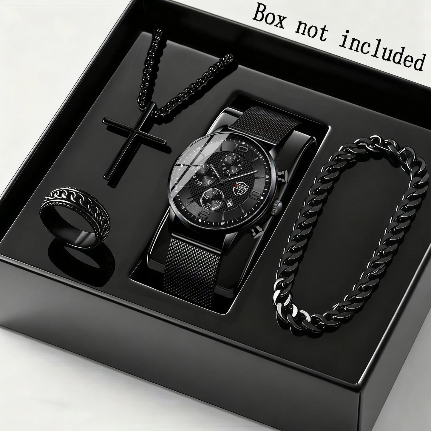 Men's Quartz Watch & Bracelet Jewelry Set 4pcs – Stainless Steel Date Display Casual Business Wristwatch with Bracelet & Necklace, Elegant Gift Set for Men