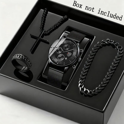 Men's Quartz Watch & Bracelet Jewelry Set 4pcs – Stainless Steel Date Display Casual Business Wristwatch with Bracelet & Necklace, Elegant Gift Set for Men