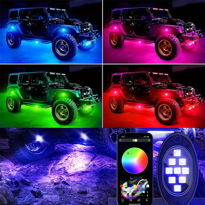 RGB LED Rock Light Kit for Trucks & Off-Road Vehicles - Sound Activated APP & Remote Dual Control, Multi-Color Underglow Chassis Neon Lights for Pickup Trucks, SUVs & 4x4, 4/6/8/10 Pod Options
