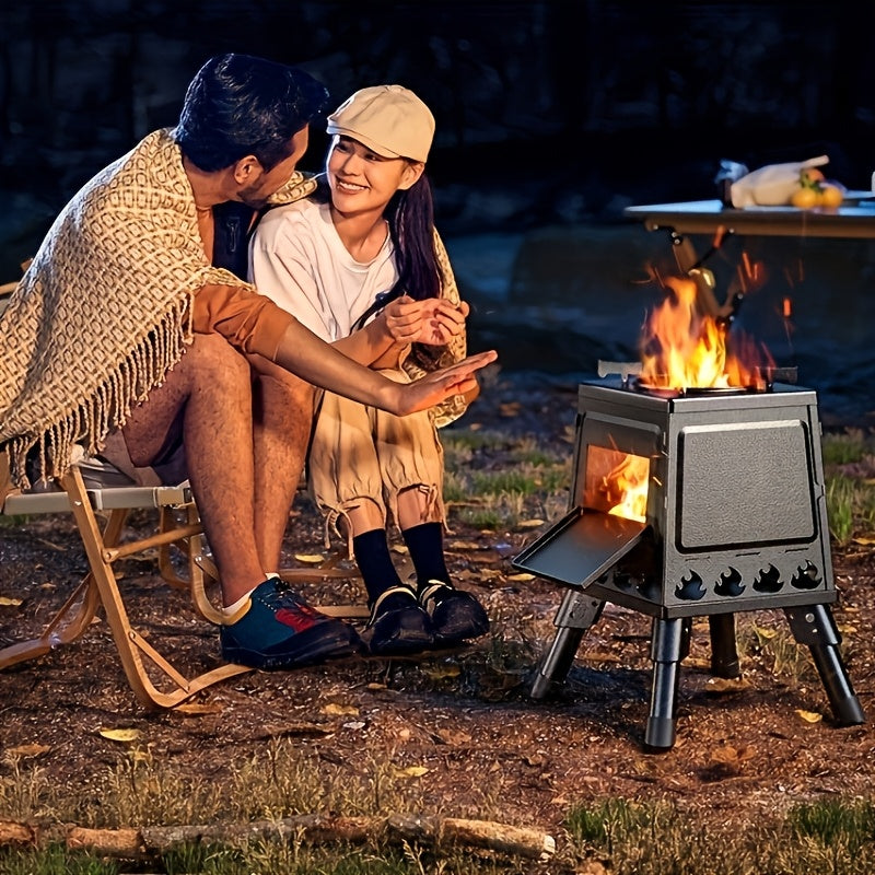 Heavy-Duty Wood Burning Camp Stove with Sturdy Legs & Air Vents – Portable Outdoor Campfire Stove for Hiking, Backpacking, Picnic & BBQ, Firewood Compatible, No Electricity Needed, Black or Boiler Set