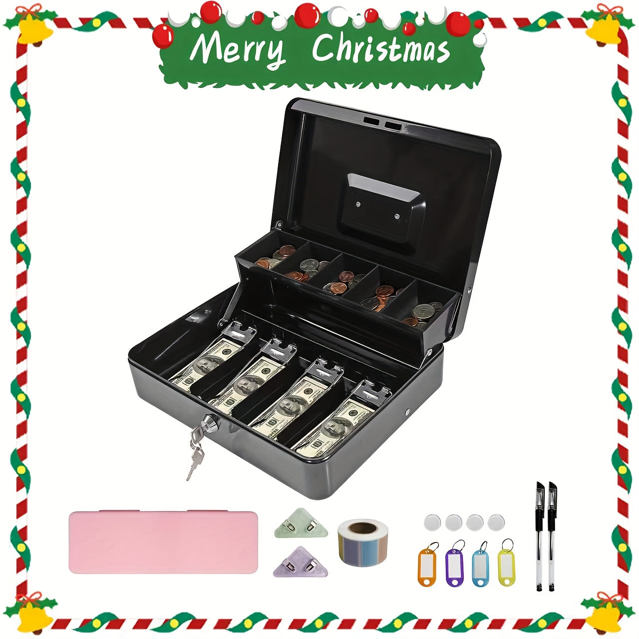 Large Locking Cash Box with Money Tray – Metal Security Box with 6 Accessories for Cash Register, Home, Office & Business, 6 Colors, Key Lock & Combination Lock Options
