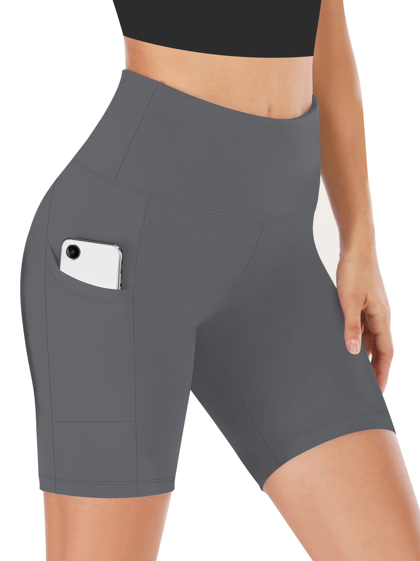 Women's High Waist Yoga Shorts – 4-Way Stretch Sweat-Wicking Athletic Shorts with Elastic Waistband & Side Pockets for Running, Cycling & Training – Black, Dark Gray & Navy, Sizes S-XXL