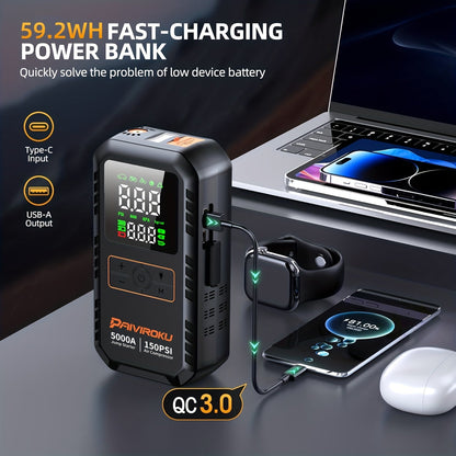 7-in-1 Portable Jump Starter with Air Compressor 150PSI – 5000A Peak Car Battery Booster, Tire Inflator, QC3.0 Power Bank, LED SOS Light for Gas & Diesel Vehicles